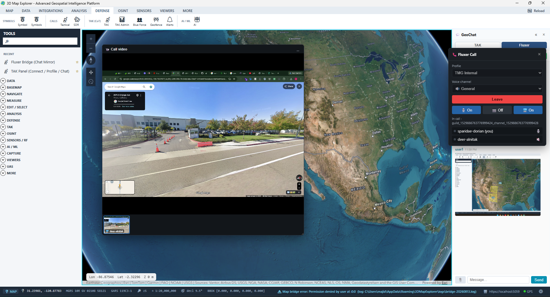 Fluxer voice call panel with a live screen share window open next to the 3D map