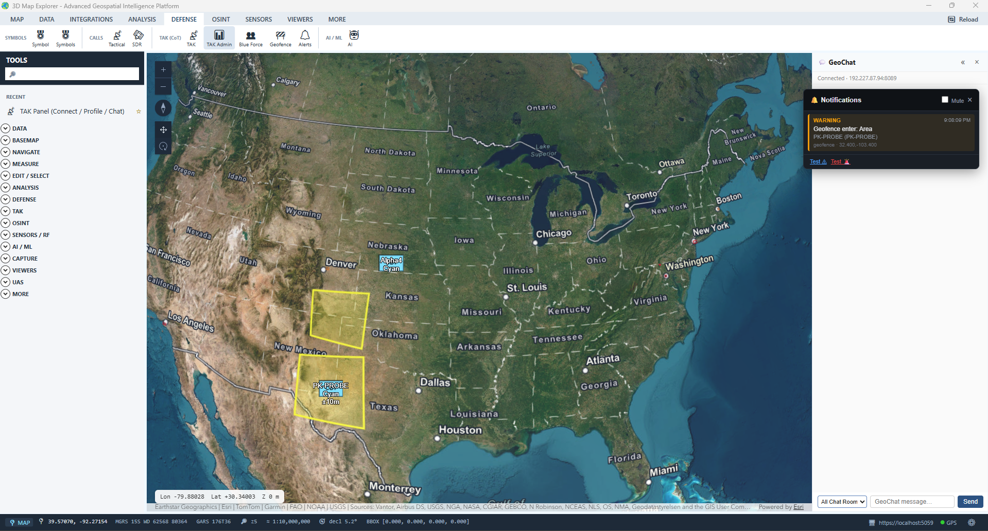 GeoChat notification panel showing a geofence enter warning for a blue-force track