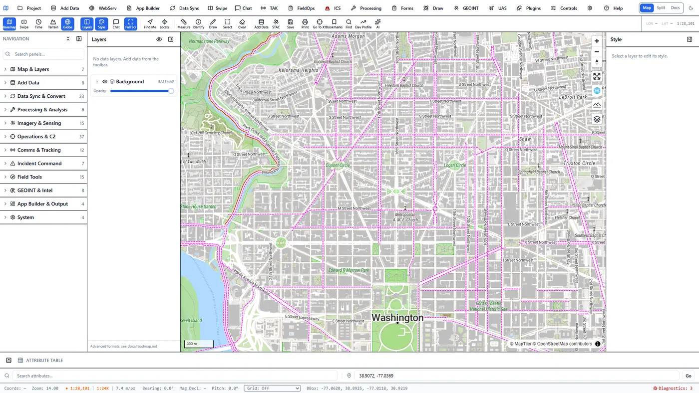 Map view over Washington, DC, with the full toolbar and left module navigation open.