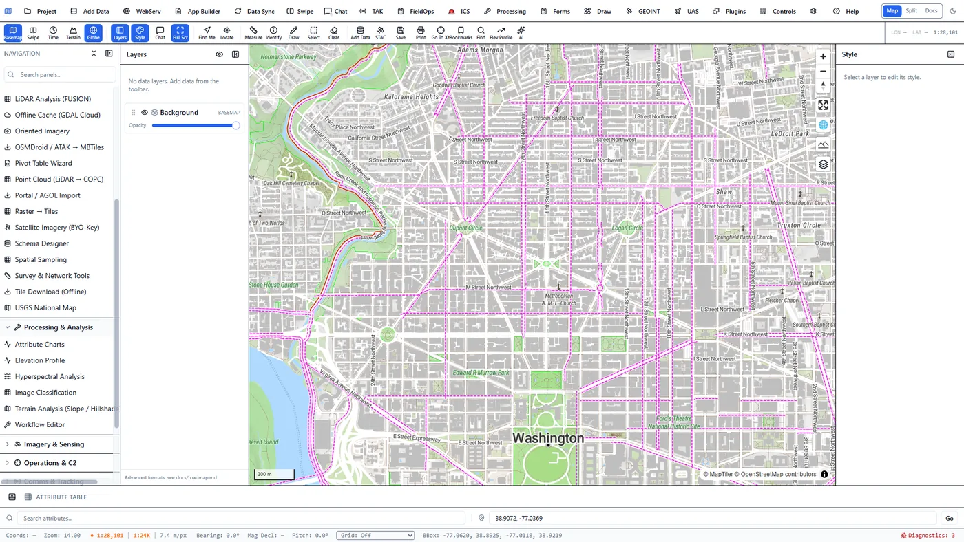Processing and Analysis module panel in the client listing Attribute Charts, Elevation Profile, Hyperspectral Analysis and Terrain Analysis tools.