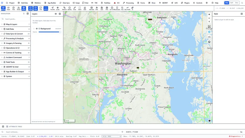 MGRS grid overlay with 100 kilometer squares and GZD label over Washington, DC.