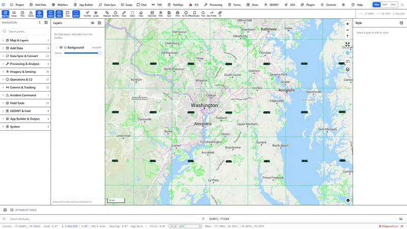 GARS grid overlay with 15 minute cells over the Washington, DC and Baltimore area.