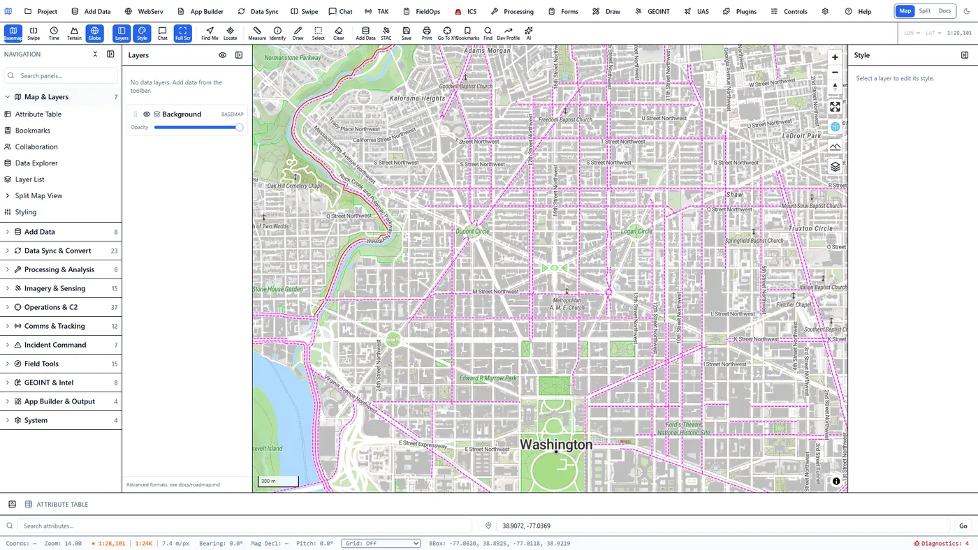 Map and Layers panel in the client showing Attribute Table, Bookmarks, Collaboration, Data Explorer, Layer List, Split Map View and Styling tools.