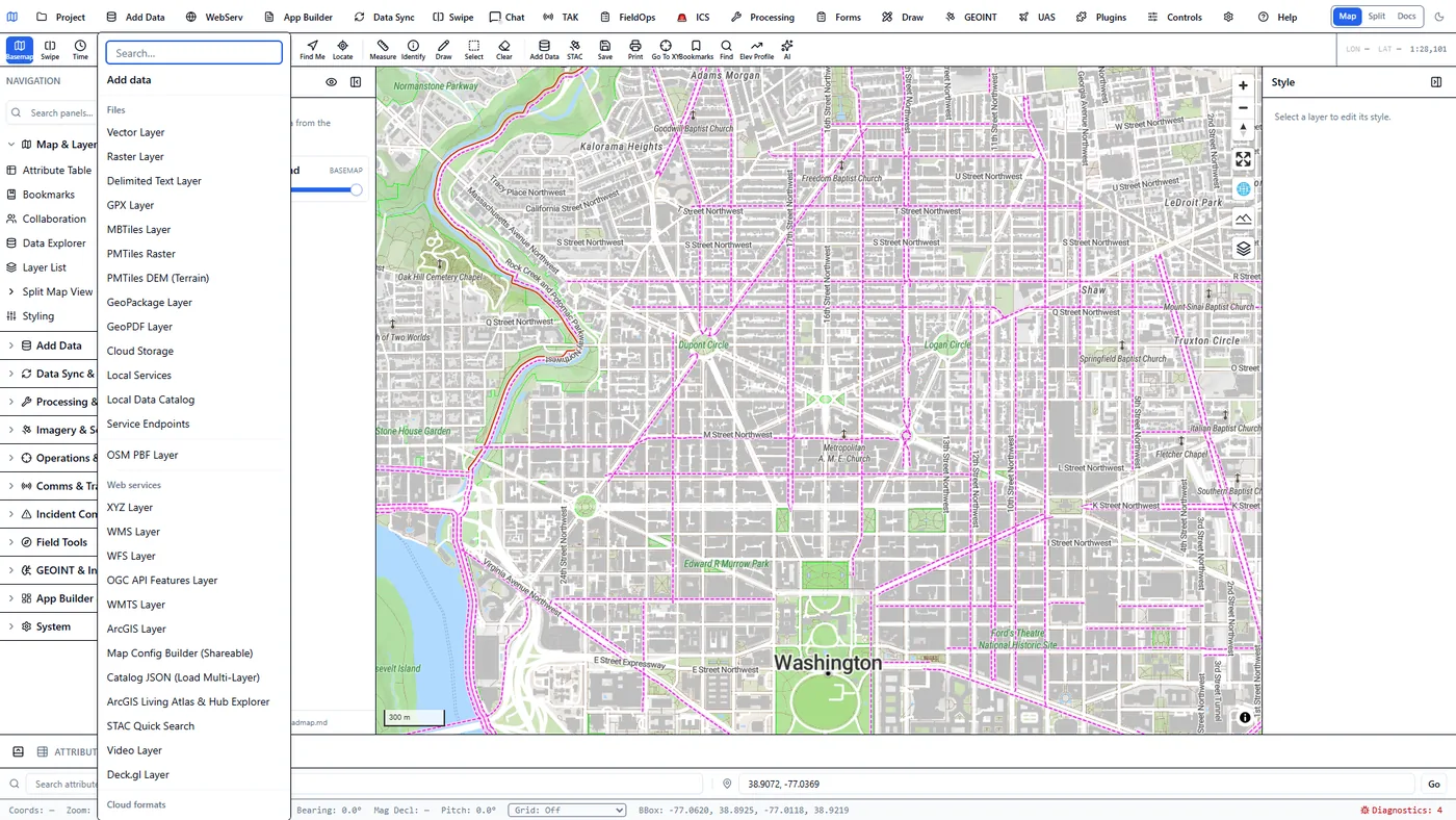 Add Data popover in the client listing the full supported format catalog: vector, raster, GPX, MBTiles, PMTiles, GeoPackage, GeoPDF, WMS, WFS, OGC API, ArcGIS and STAC.