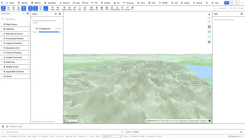 True 3D terrain rendering of the Teton Range at a steep pitch, showing Grand Teton and neighboring peaks in real relief with an AWS Open Data Terrain Tiles attribution.