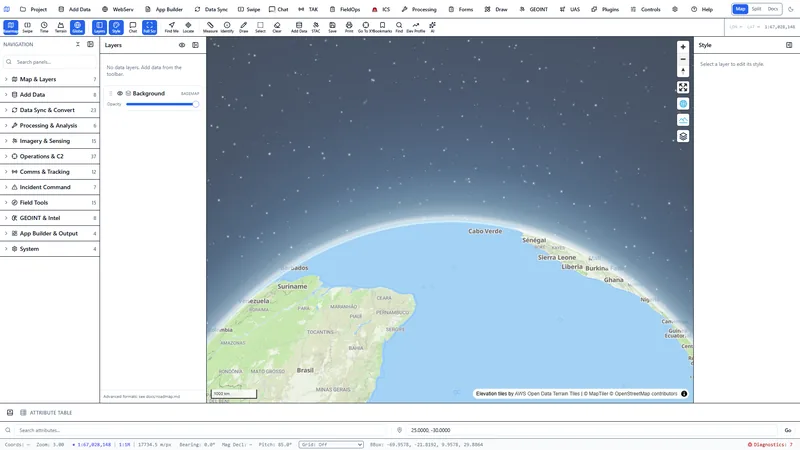 3D globe projection of Earth showing curvature, atmospheric limb and starfield over South America and West Africa.