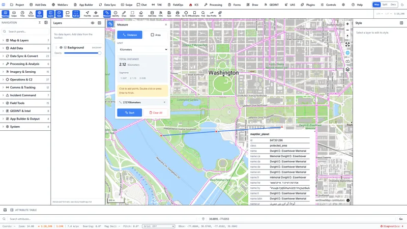 Measure tool showing a 2.12 kilometer distance line across the National Mall with per-segment breakdown, and an Identify popup returning real feature attributes.