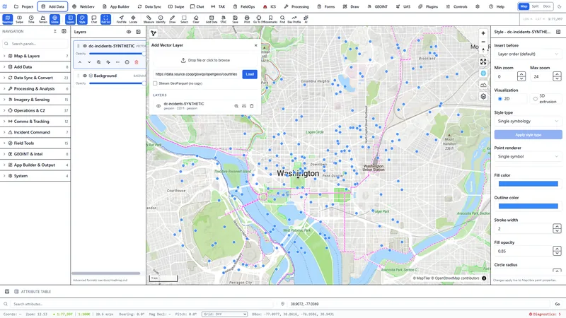 Add Data vector layer panel loading a 220 point GeoJSON file client-side, with the style panel open.
