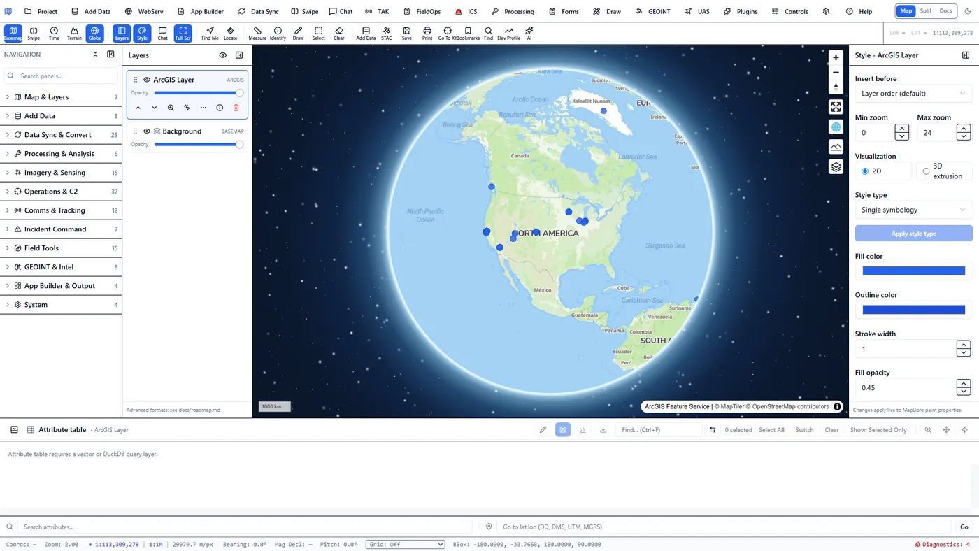 Map showing wildfire point features loaded live from Esri's public sampleserver6 ArcGIS FeatureServer, with ArcGIS Feature Service attribution in the footer.