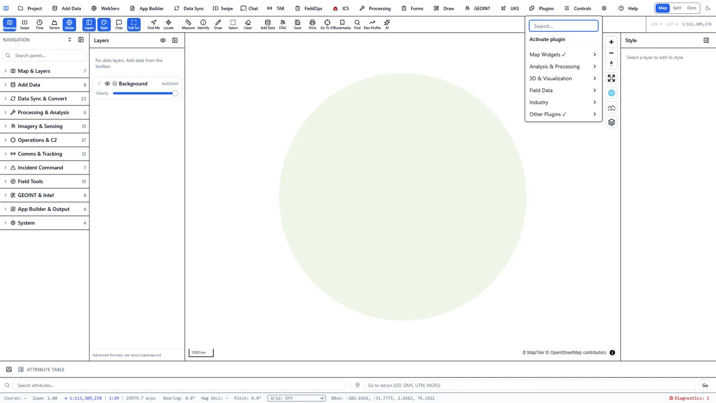 Plugins menu in the client listing Map Widgets, Analysis and Processing, 3D and Visualization, Field Data and Industry plugin categories.