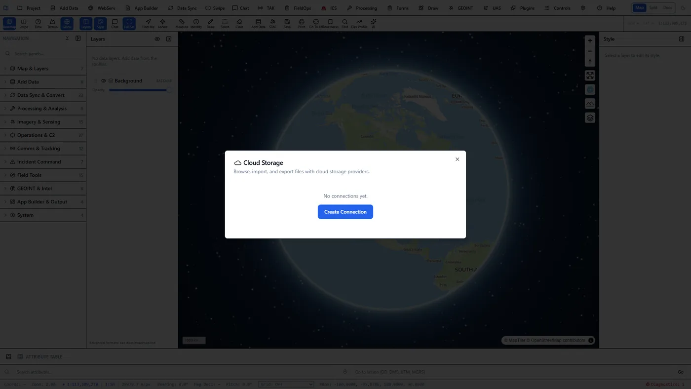 Cloud Storage connection dialog in the client offering SharePoint, OneDrive, Google Drive, Dropbox and SFTP via the cloudfs extension, shown in its empty pre-configuration state.