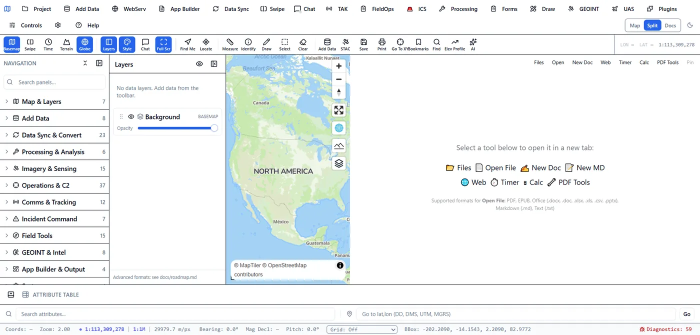 Split view in the client showing the map pane alongside a Docs and tools launcher pane with Files, New Doc, Web, Timer, Calc and PDF Tools.