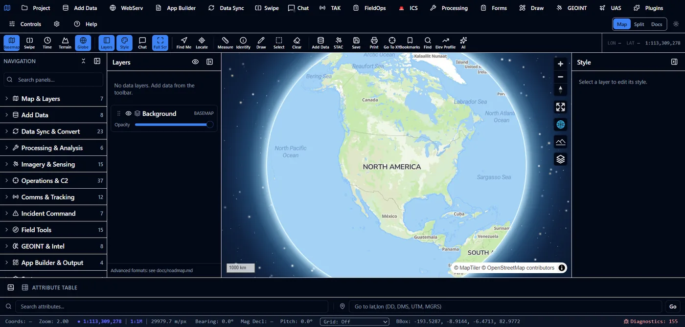 The client in dark theme, showing the 3D globe over North America with the Style panel open.