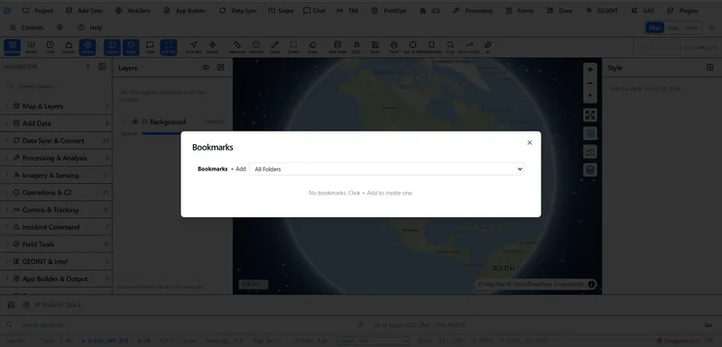Bookmarks dialog in the client, shown in its empty state with a prompt to add a bookmark.
