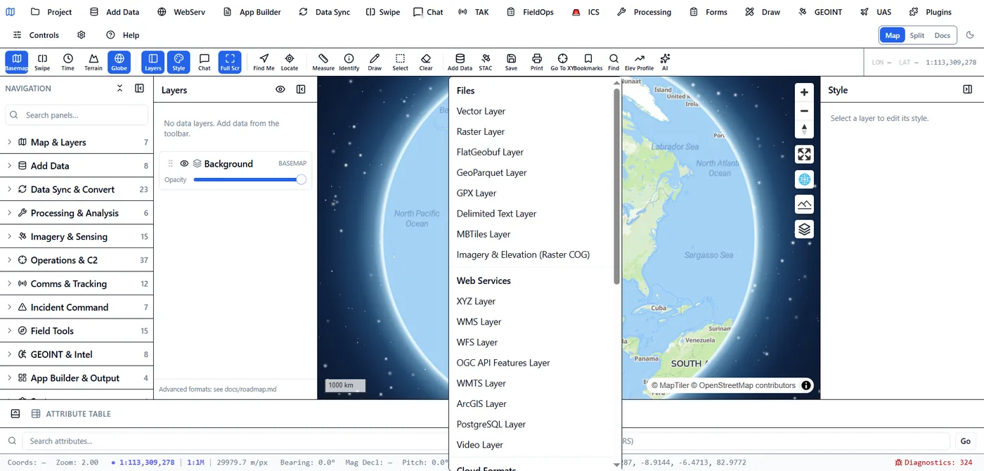 Add Data popover scrolled further, showing FlatGeobuf Layer, GeoParquet Layer, Delimited Text Layer and Imagery and Elevation Raster COG options.
