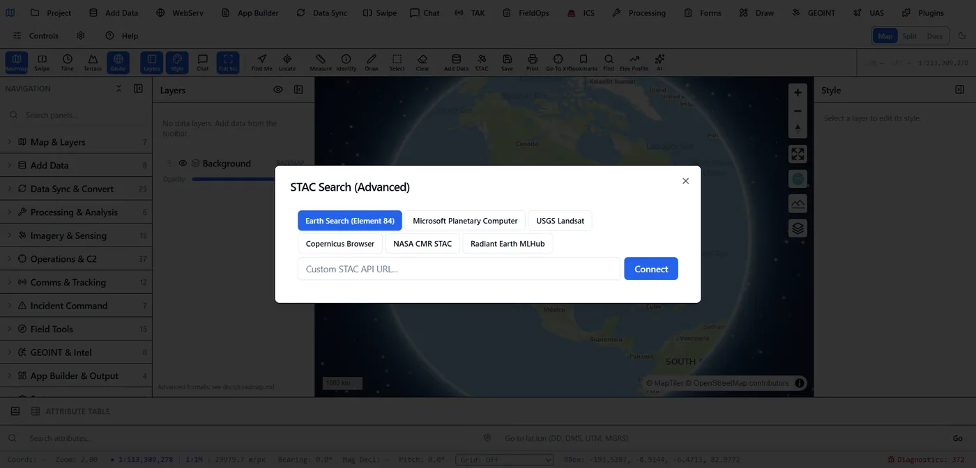STAC Search (Advanced) dialog in the client with provider buttons for Earth Search Element84, Microsoft Planetary Computer, USGS Landsat, Copernicus Browser, NASA CMR STAC, Radiant Earth MLHub and a custom STAC API URL field.