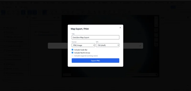 Map Export and Print dialog in the client with title, PNG format, DPI, scale bar and north arrow options.