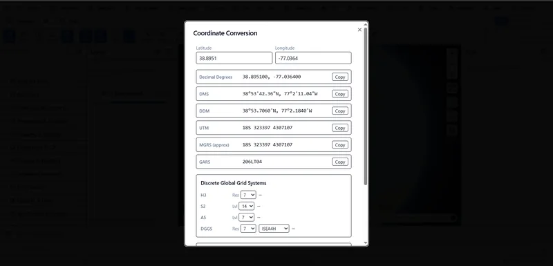 Coordinate Conversion tool in the client converting one lat/lon pair to Decimal Degrees, DMS, DDM, UTM, MGRS, GARS and H3/S2/A5/DGGS grid cells.