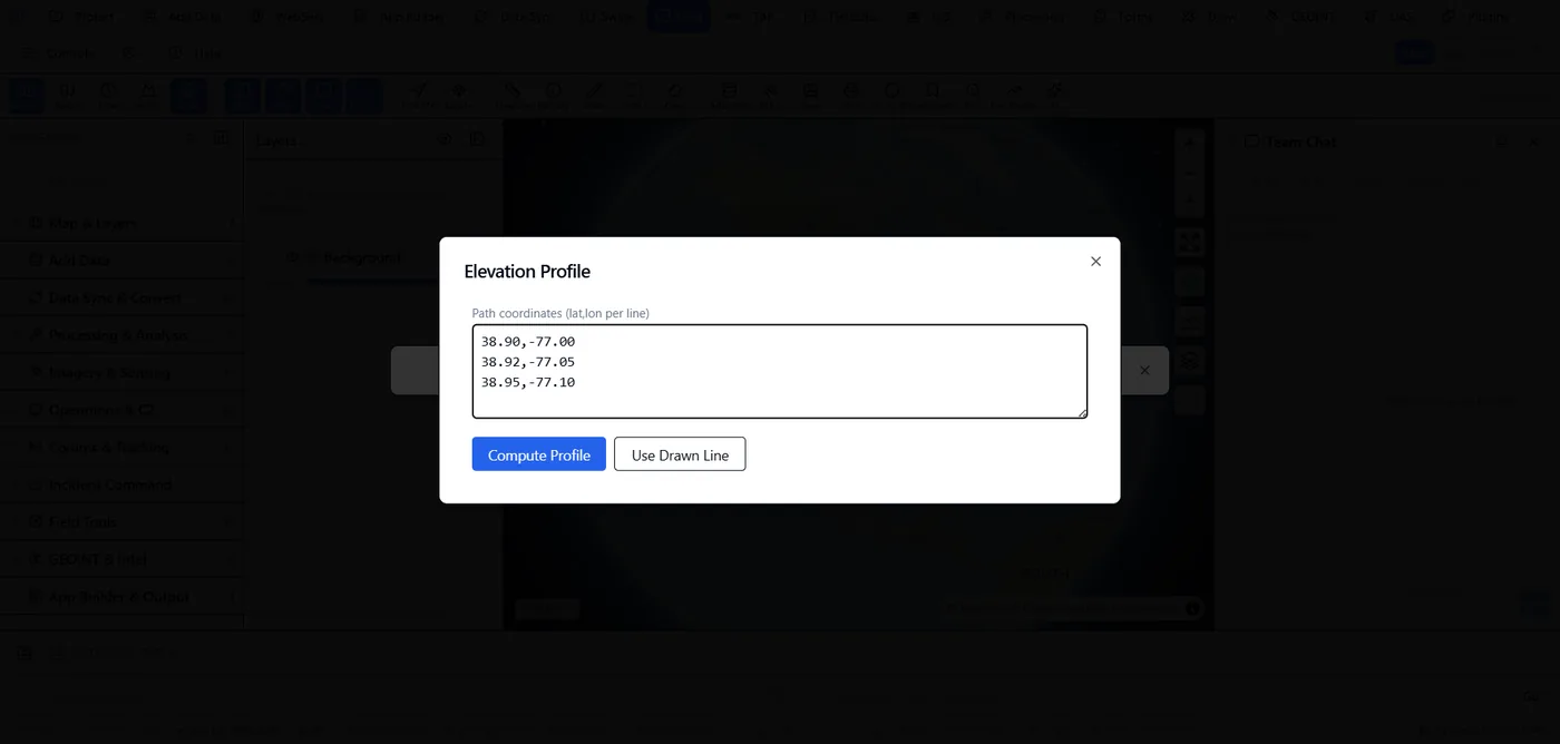 Elevation Profile dialog in the client, pre-filled with a sample three-point path and ready to compute.