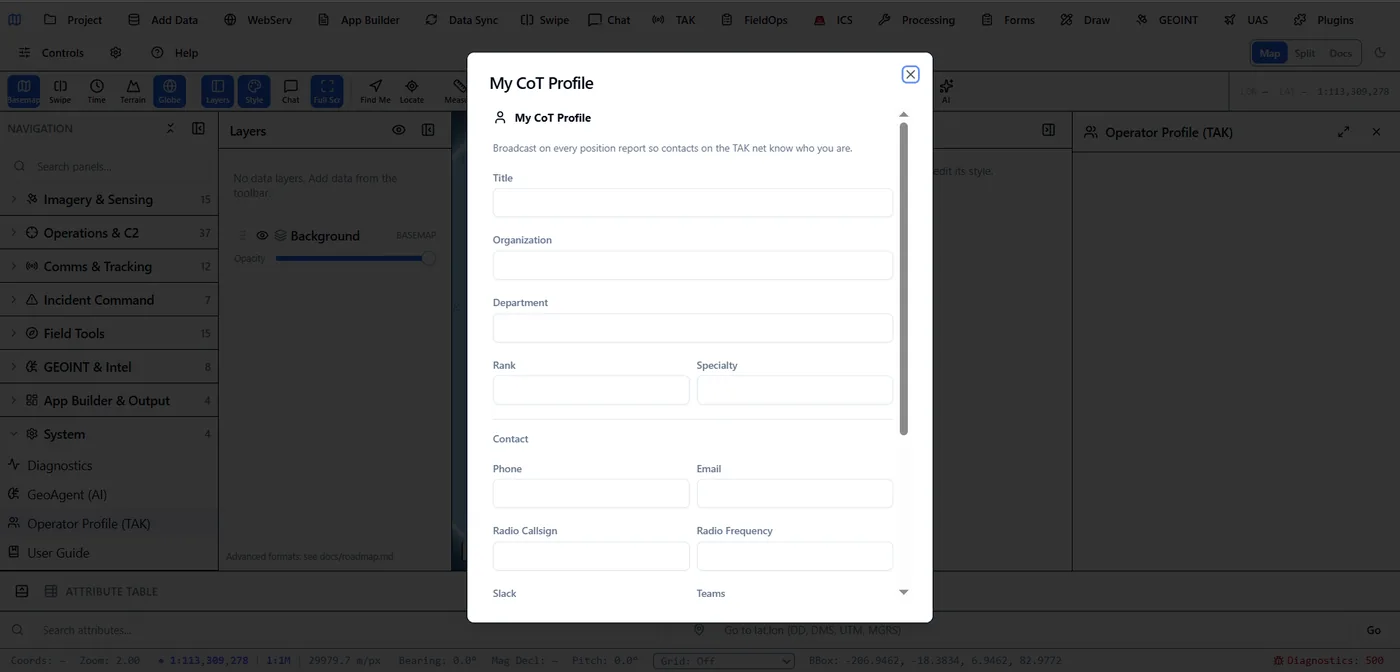 My CoT Profile (Operator Profile TAK) form in the client, with fields for title, organization, department, rank, specialty and radio contact, unfilled.