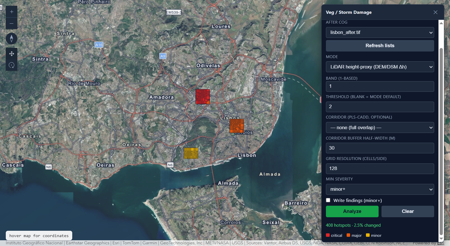 VoltGrid desktop — Transmission corridor damage analysis map overview with 408 hotspots across Lisbon