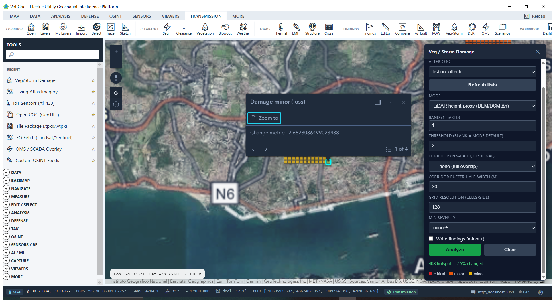 VoltGrid desktop — Transmission corridor damage hotspot feature selected with delta inspection popup