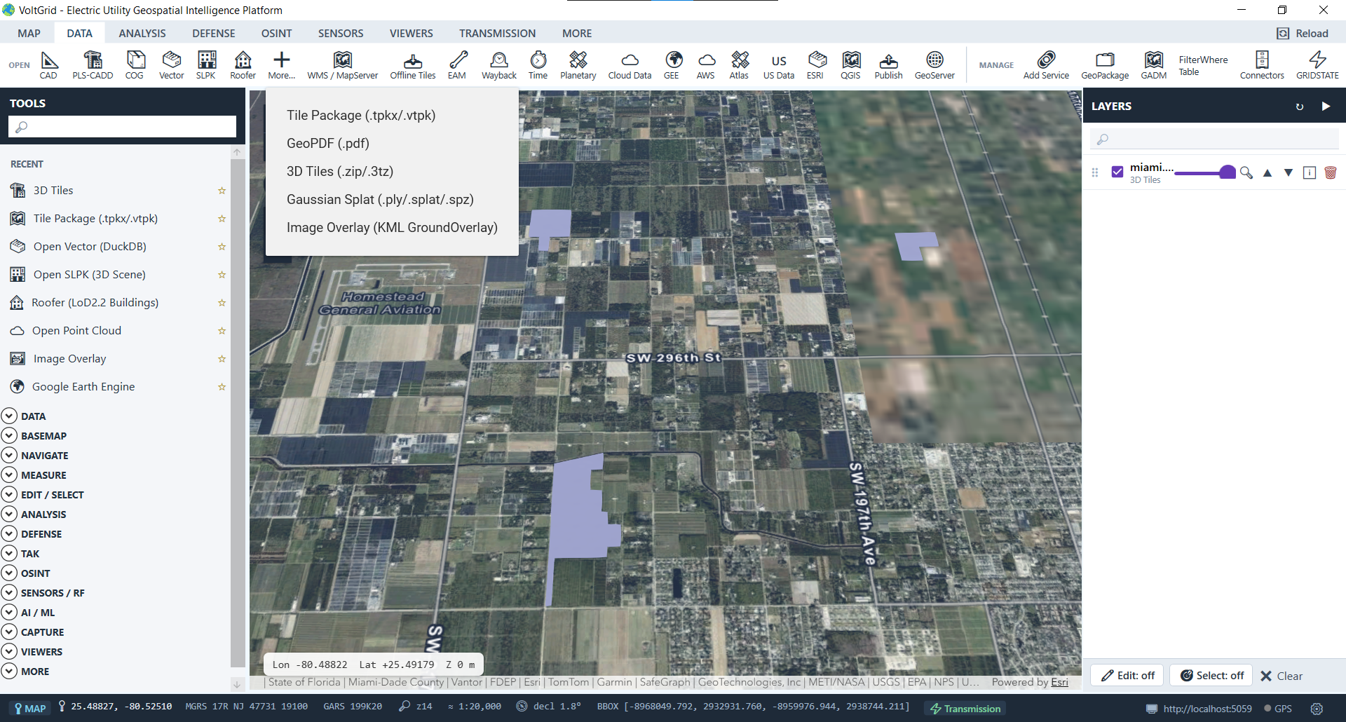 VoltGrid desktop — 3D Tiles ZIP package loaded over Miami