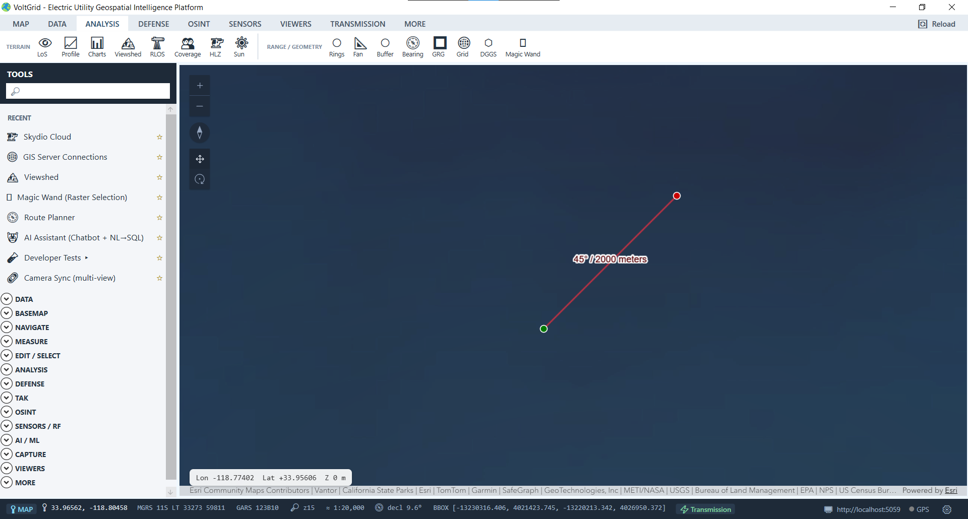 VoltGrid desktop — Bearing and distance measurement tool