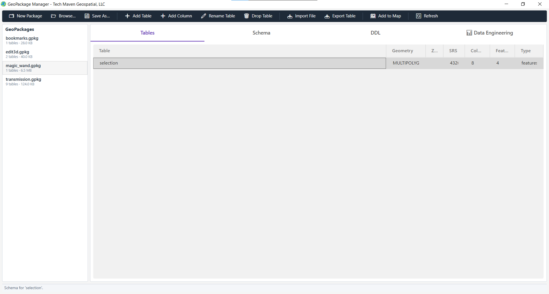 VoltGrid desktop — Saved magic_wand.gpkg inspected in GeoPackage Manager