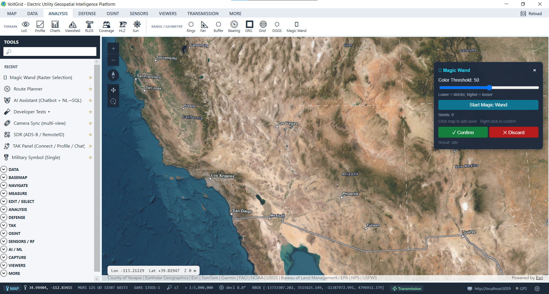VoltGrid desktop — Magic Wand analysis widget active over satellite raster
