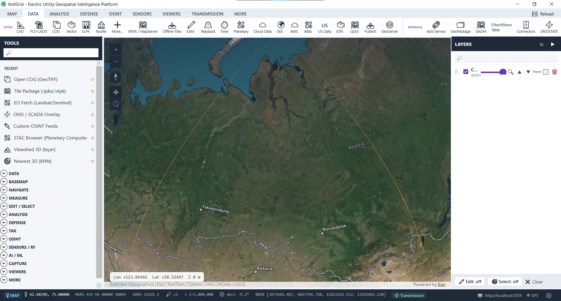 VoltGrid desktop — CAD arc and vector linework layer rendered on map