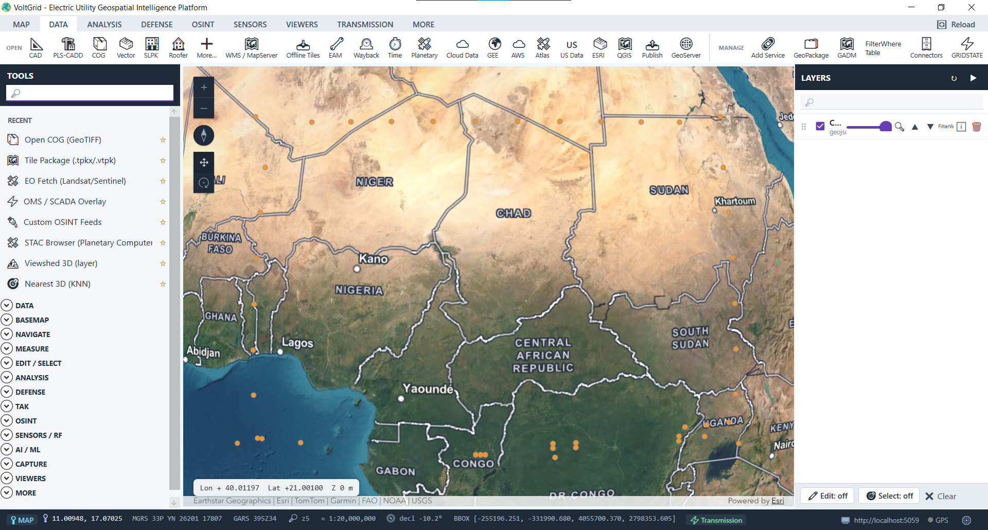 VoltGrid desktop — CAD point feature layer loaded over Africa