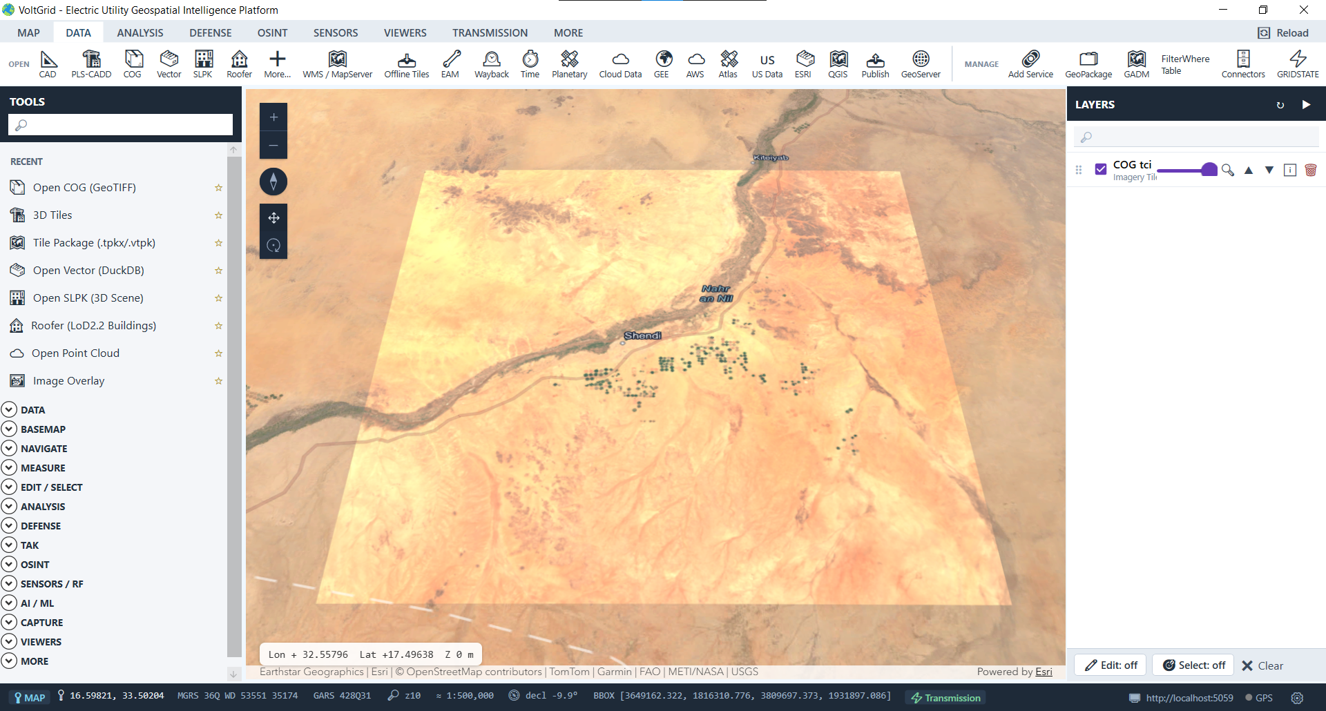 VoltGrid desktop — Cloud-Optimized GeoTIFF over desert terrain near the Nile