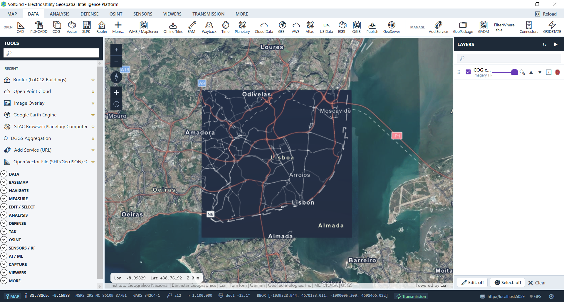 VoltGrid desktop — High-resolution urban Cloud-Optimized GeoTIFF over Lisbon