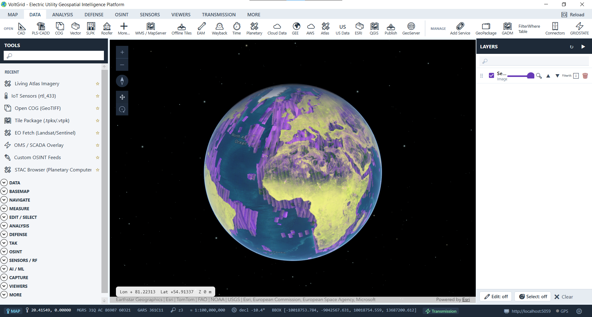 VoltGrid desktop — Sentinel-1 SAR Amplitude imagery layer rendered on 3D globe