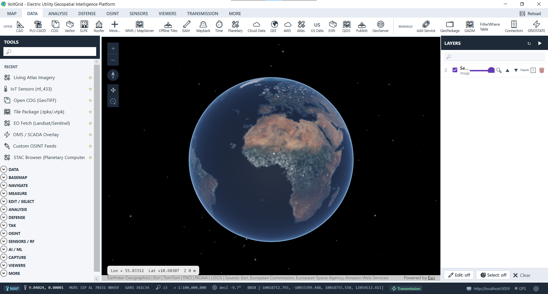 VoltGrid desktop — Living Atlas Normalized Difference Moisture Index (NDMI) imagery layer loaded on globe