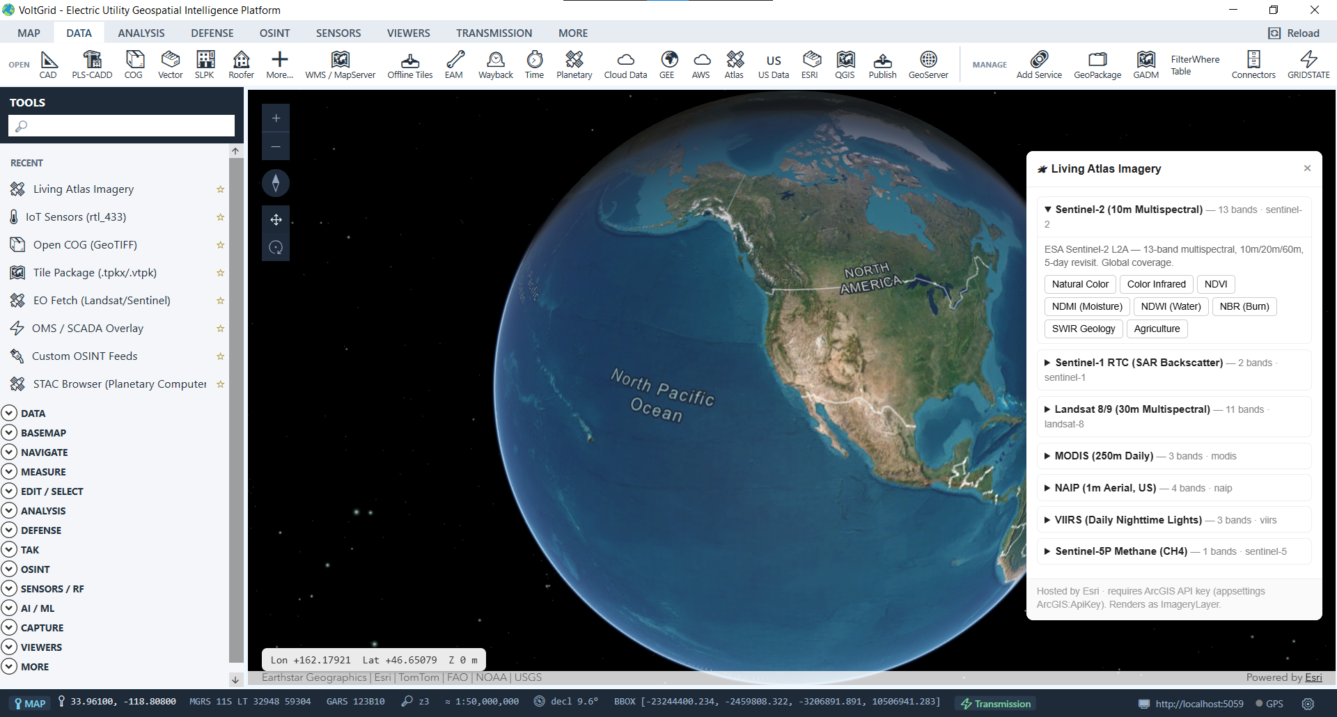 VoltGrid desktop — Living Atlas Imagery catalog picker widget open over the 3D globe