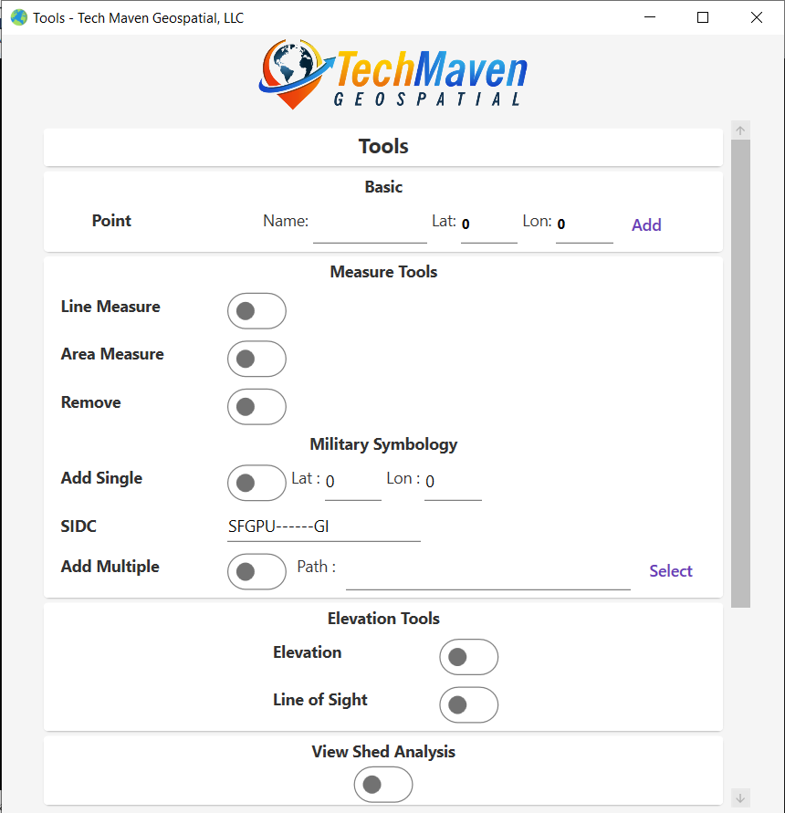 VoltGrid desktop — Military Symbology and analysis tools configuration panel