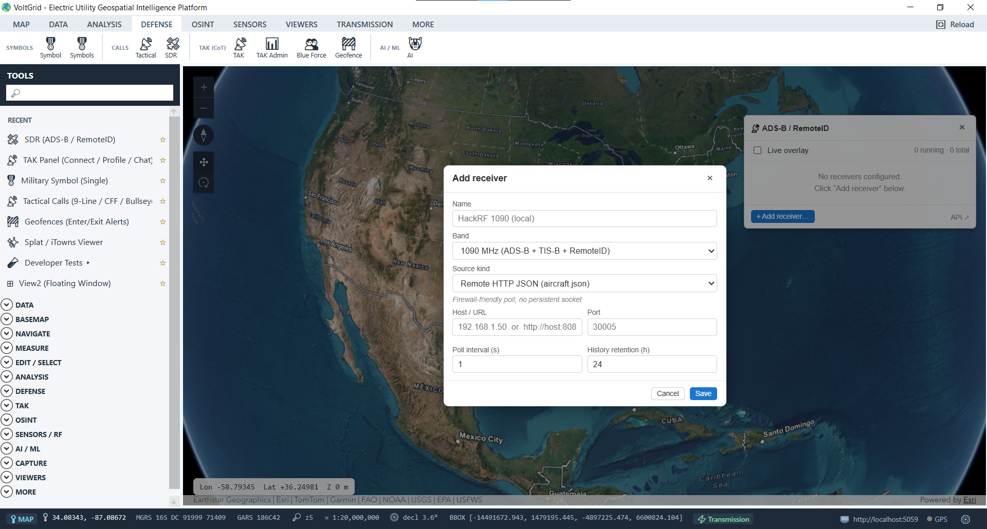 VoltGrid desktop — SDR receiver device configuration modal