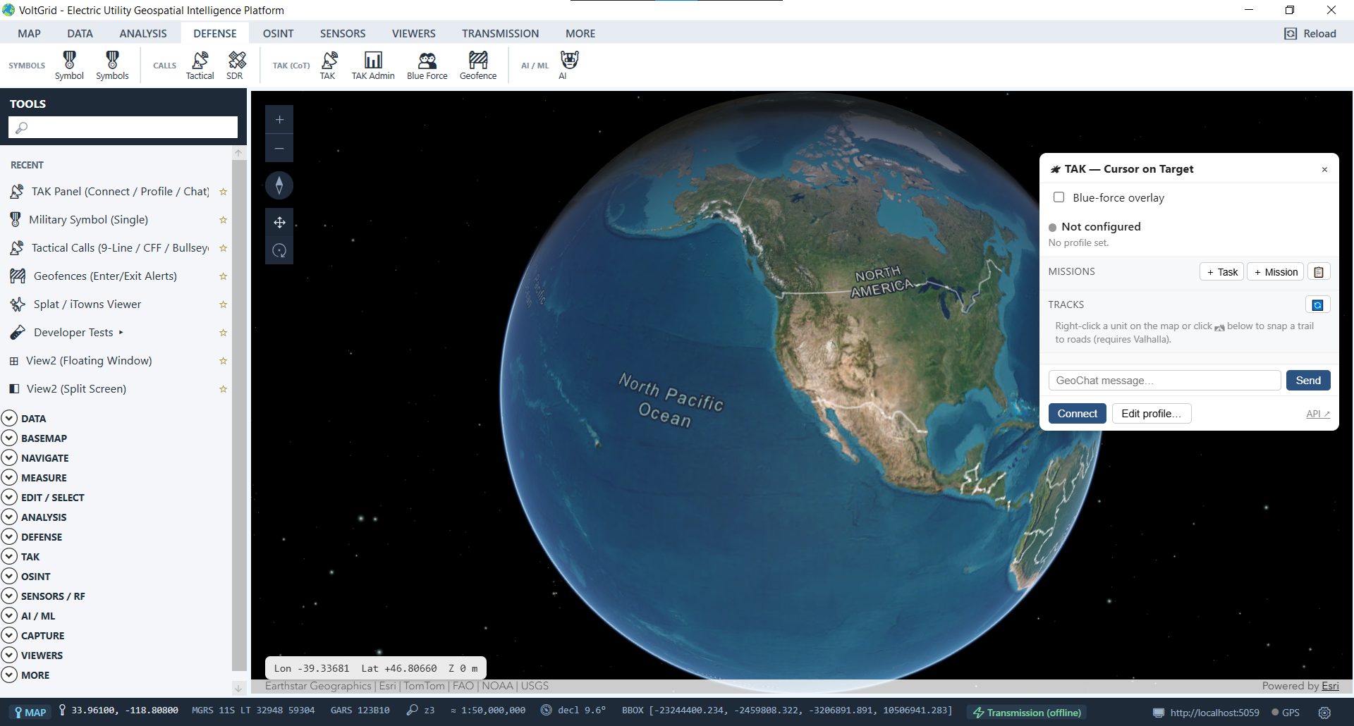 VoltGrid desktop — TAK Cursor on Target situational awareness panel