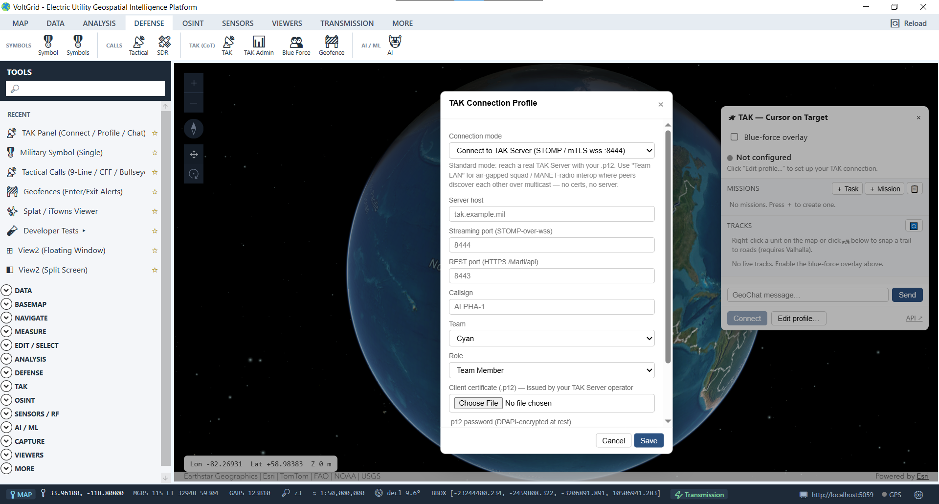 VoltGrid desktop — TAK Server profile and certificate configuration modal