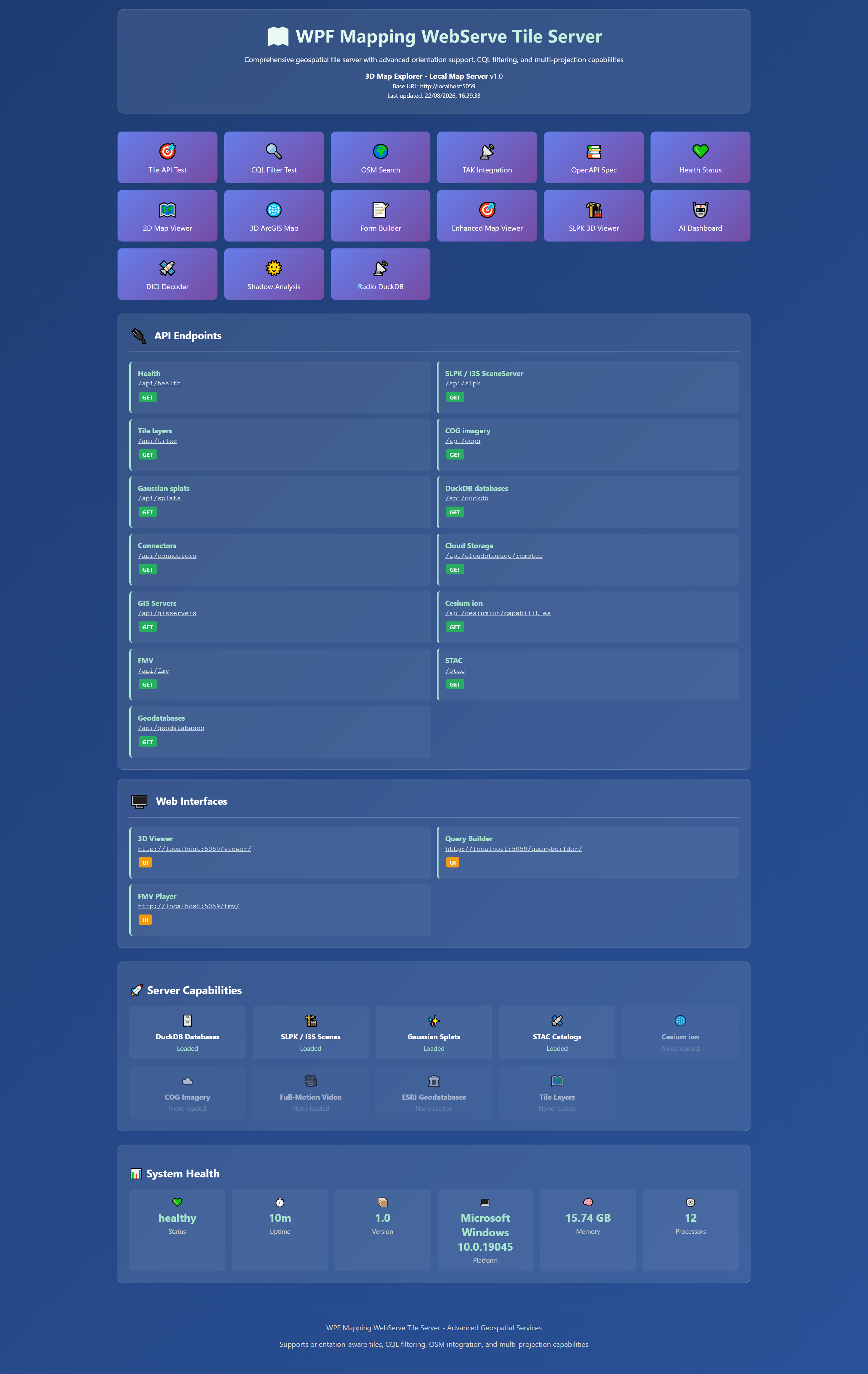 VoltGrid desktop — WPF Mapping WebServe Tile Server Discovery console showing quick-launch tools, REST API endpoints, web interfaces, and capability telemetry