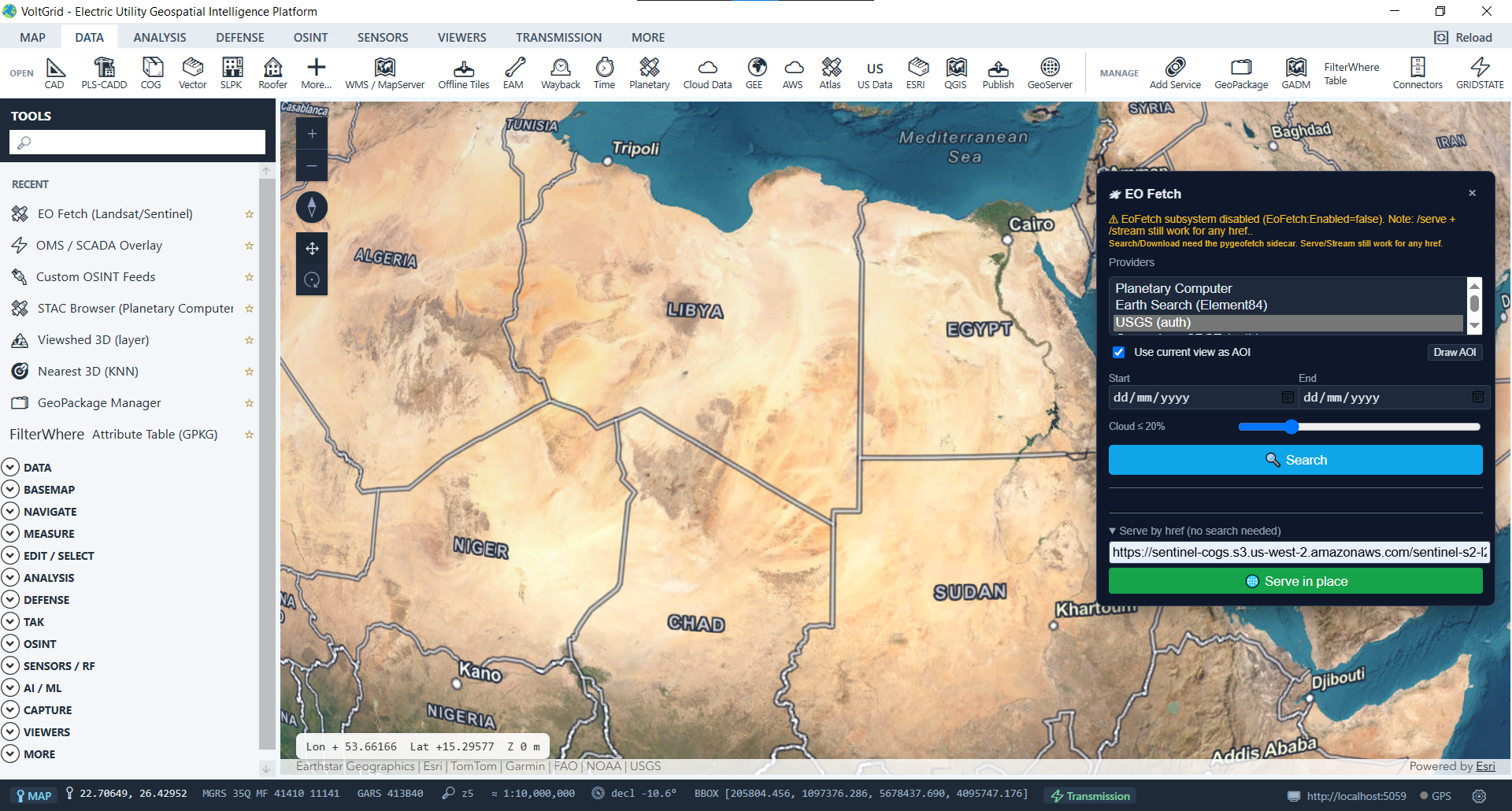 VoltGrid desktop — STAC Browser and EO Fetch panel querying Sentinel-2 and Landsat catalogs