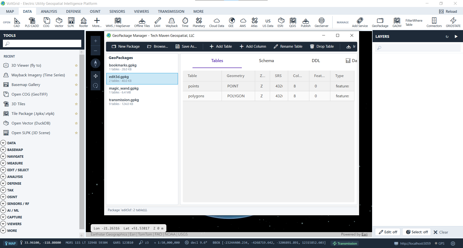 VoltGrid desktop — GeoPackage Manager child window displaying open databases and feature tables