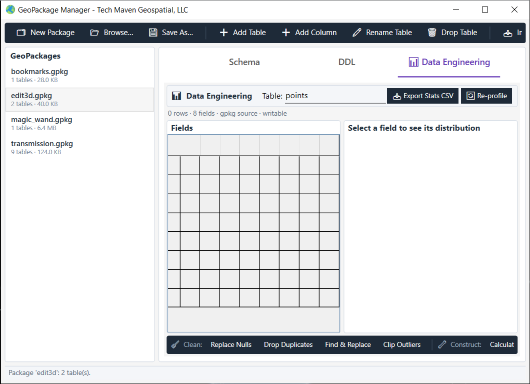 VoltGrid desktop — GeoPackage Manager Data Engineering tab for schema design and spatial indexing