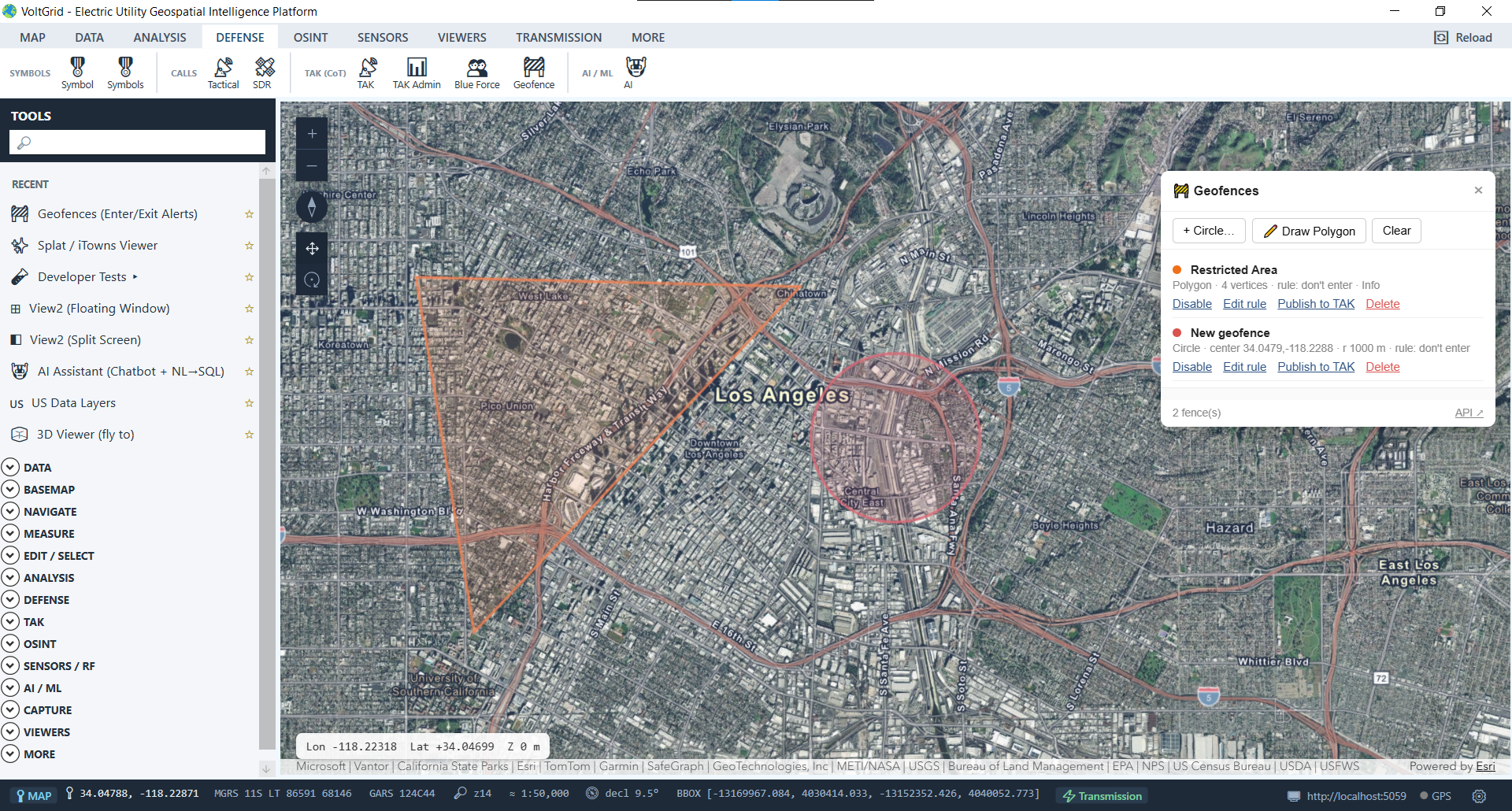 VoltGrid desktop — Multiple circular and polygon geofences active on map