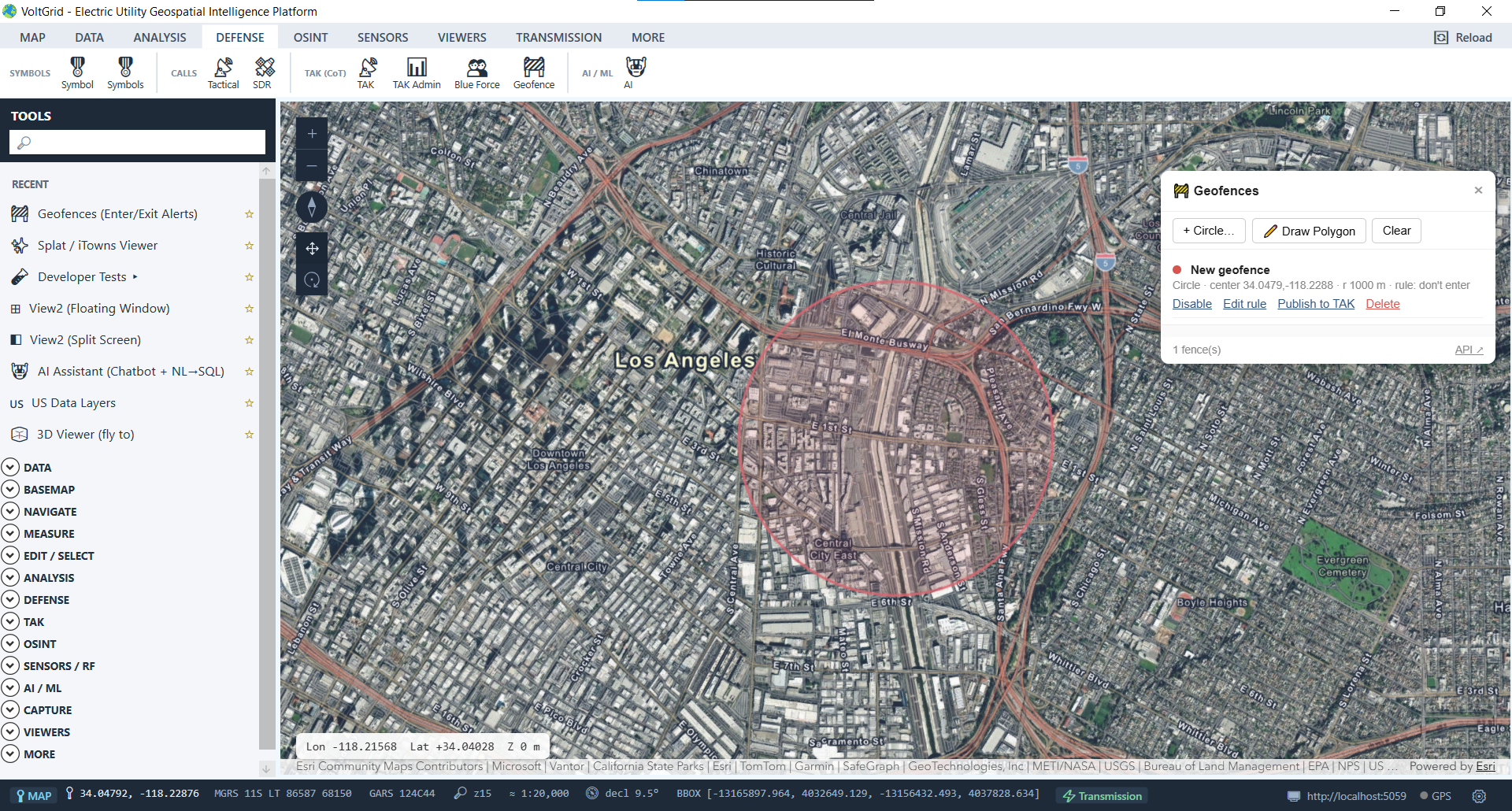 VoltGrid desktop — Geofence widget with circular boundary fence