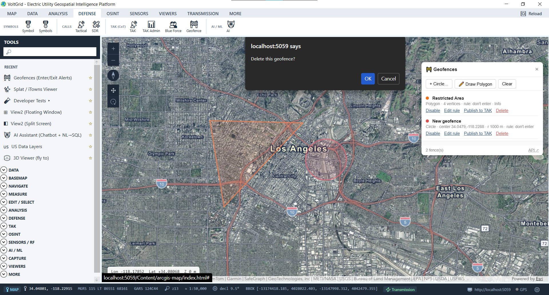 VoltGrid desktop — Geofence management and delete confirmation dialog over Los Angeles