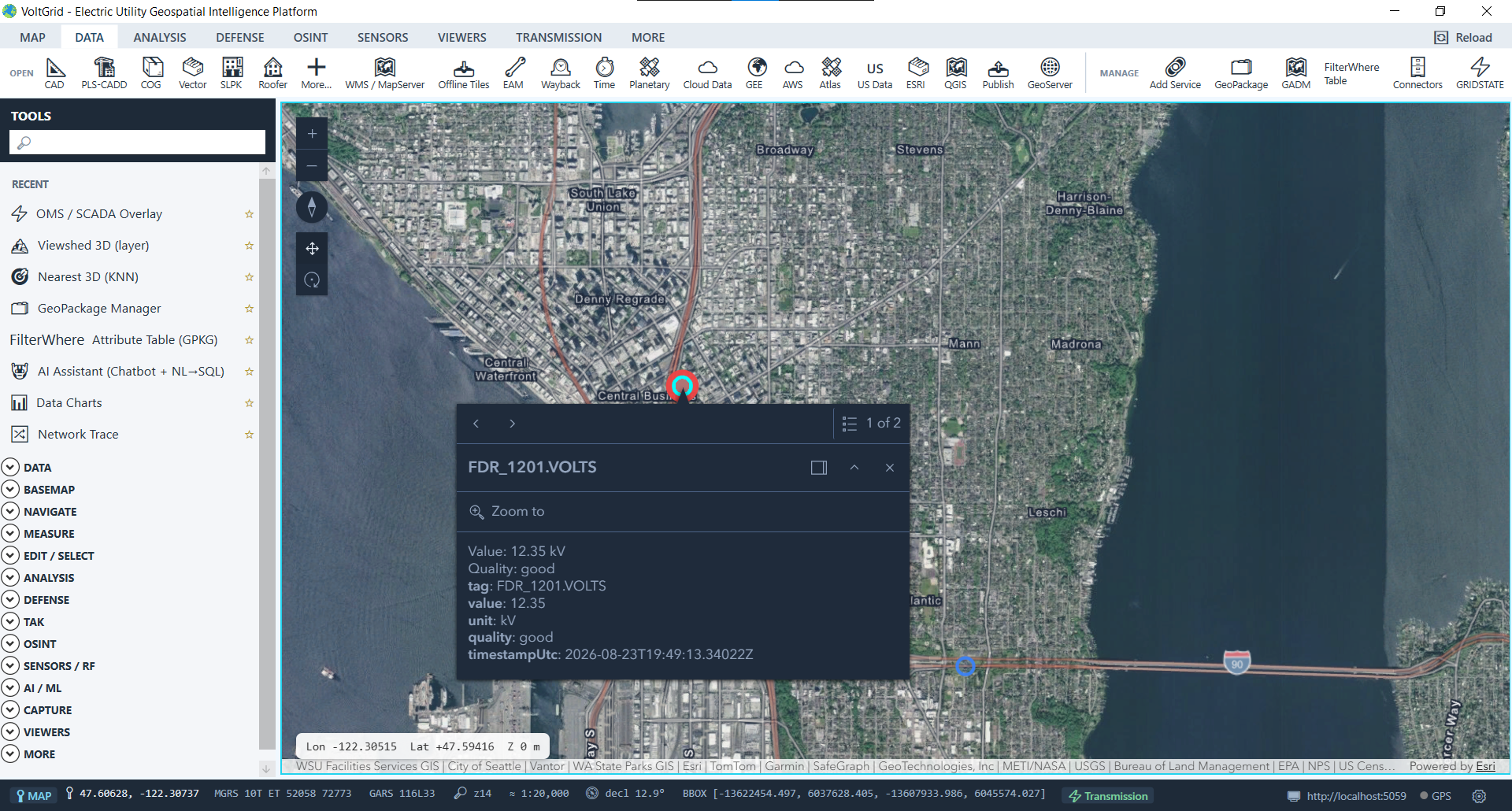 VoltGrid desktop — OMS / SCADA feature inspection popup showing outage attributes