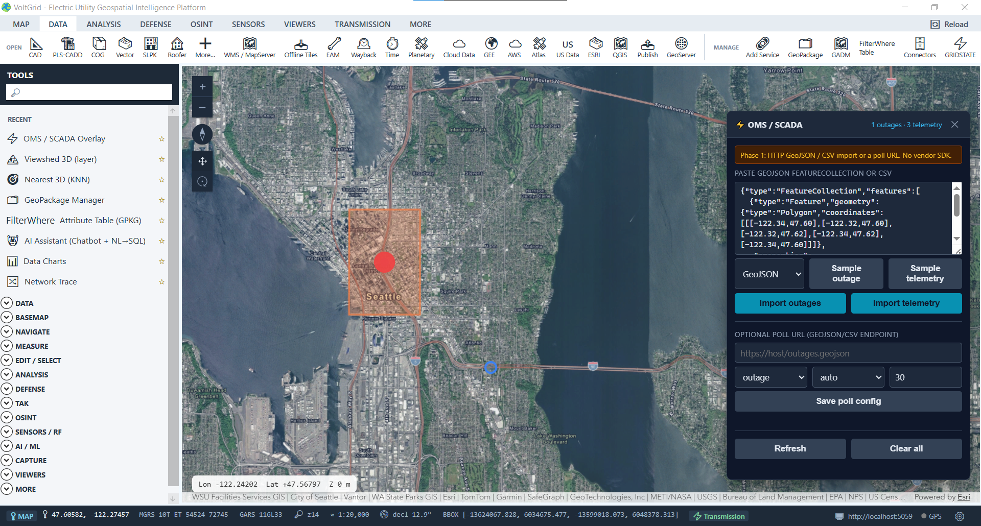VoltGrid desktop — Live OMS / SCADA overlay with outages and telemetry over Seattle